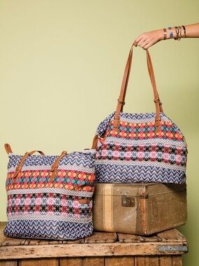 Noonday Collection Boho Cotton Hippie Leather Tote Bag